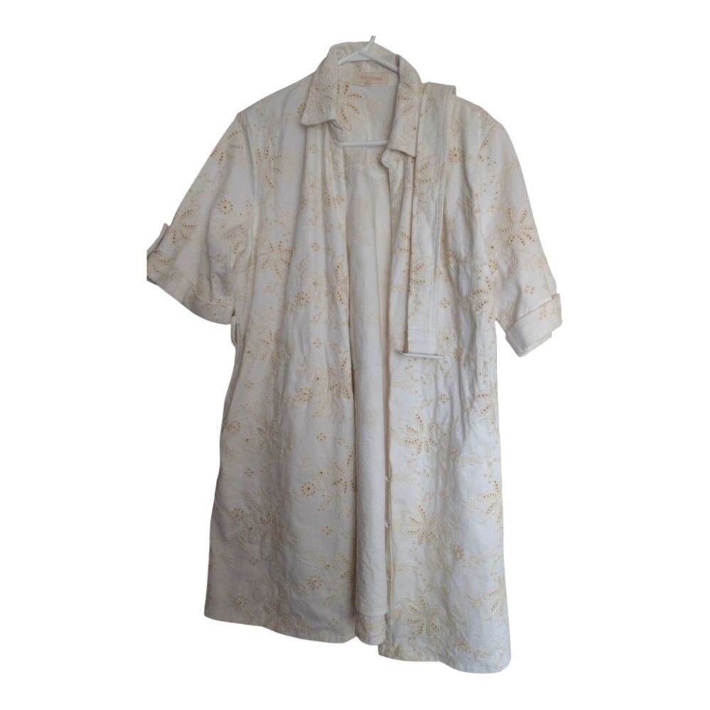 Anthropologie Solitaire White Floral Embroidered Denim V Neck Shirt Dress Xl
